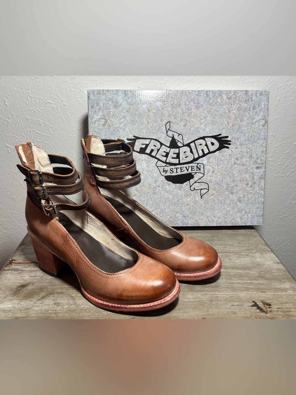 Freebird by Steven Brown Leather Strappy Block Heel Pumps